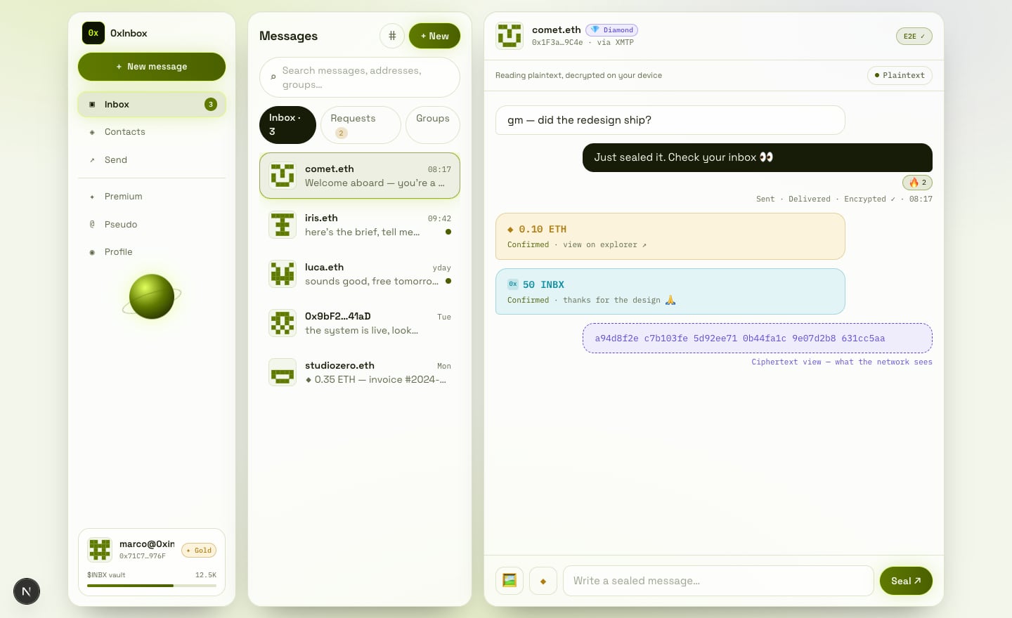 The same three-panel app in the light theme — a clean paper adaptation with an olive-lime accent.