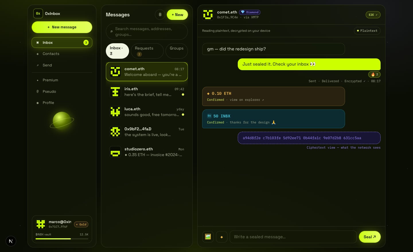 The three-panel app: sidebar with a $INBX vault card, a conversation list with tabs and search, and a reading pane showing messages, an emoji reaction, a gold ETH payment bubble, a teal $INBX tip, and a violet ciphertext bubble.