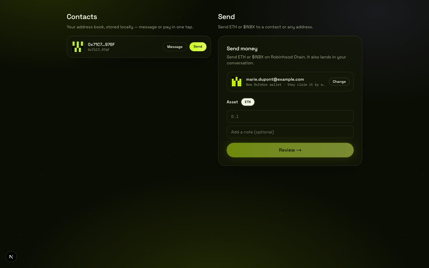 The send flow with an email recipient: the card shows 'marie.dupont@example.com — New 0xInbox wallet · they claim it by email', with an amount field ready.