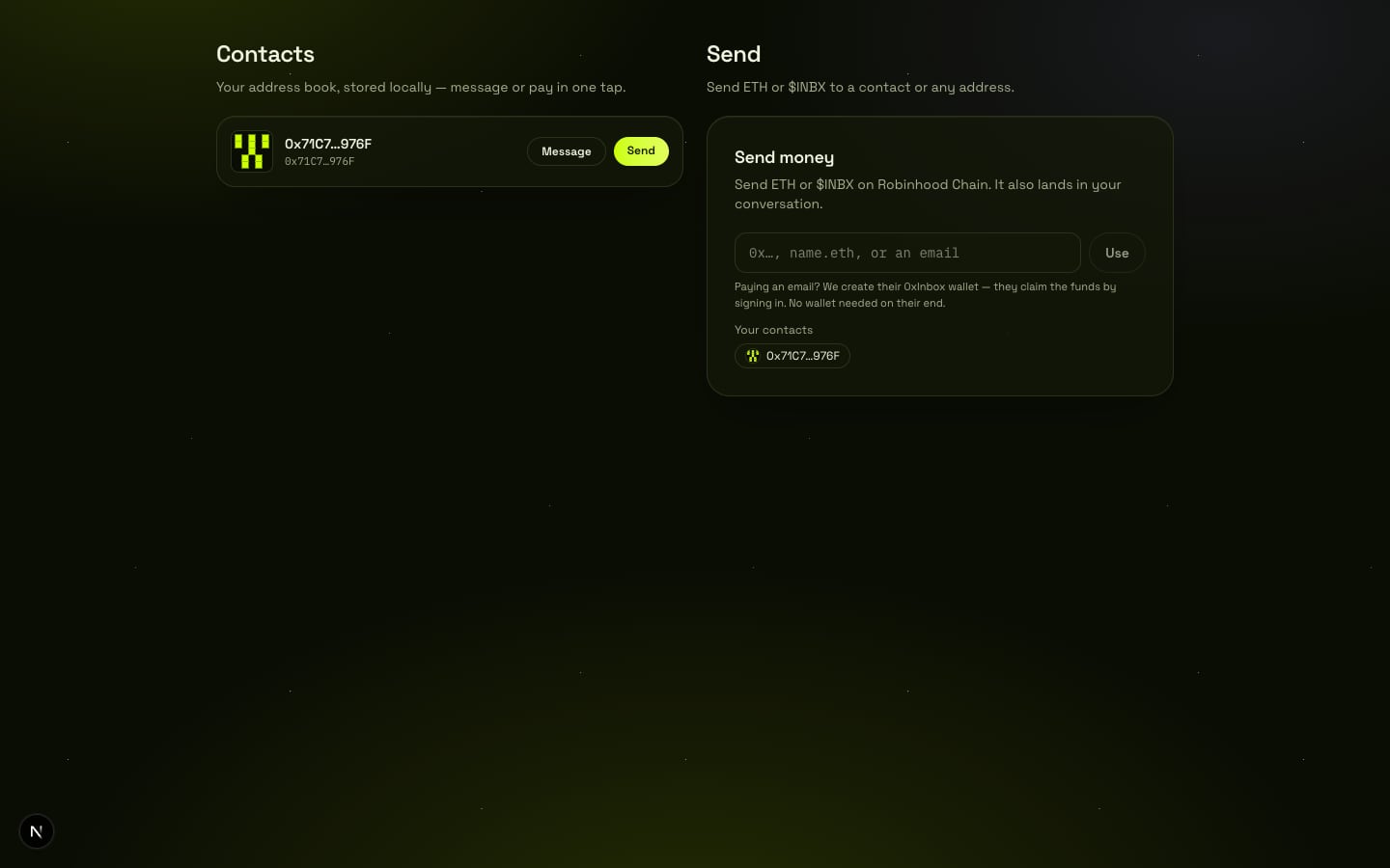 Contacts list with Message and Send actions on the left, and the Send money panel with a recipient picker and contact chips on the right.