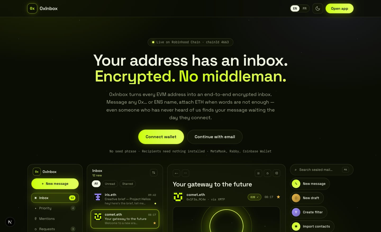 The 0xInbox landing page: the tagline in Robinhood lime over a cosmic dark ground, with a preview of the multi-panel messaging app.