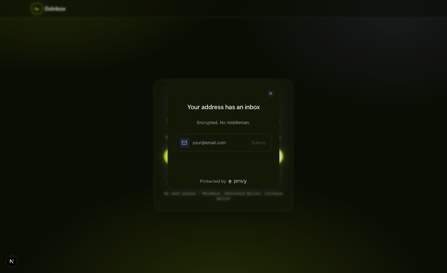The sign-in modal: 'Your wallet has an inbox', an email field, styled in lime — powered by Privy.